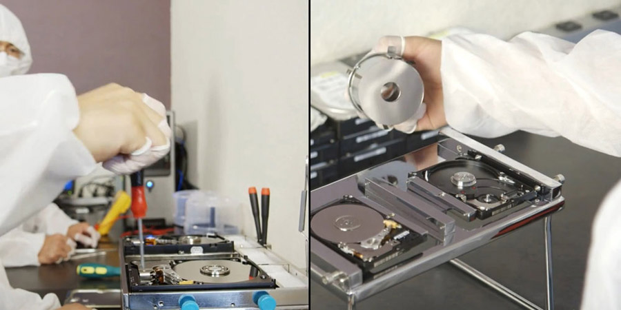 Data recovery procedure - swapping platters between donor drive and target drive in dust-free cleanroom lab